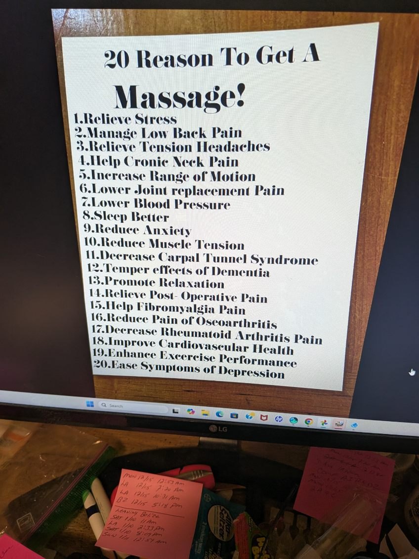 Kara's printed ‘20 Reasons To Get A Massage’ list on the studio wall