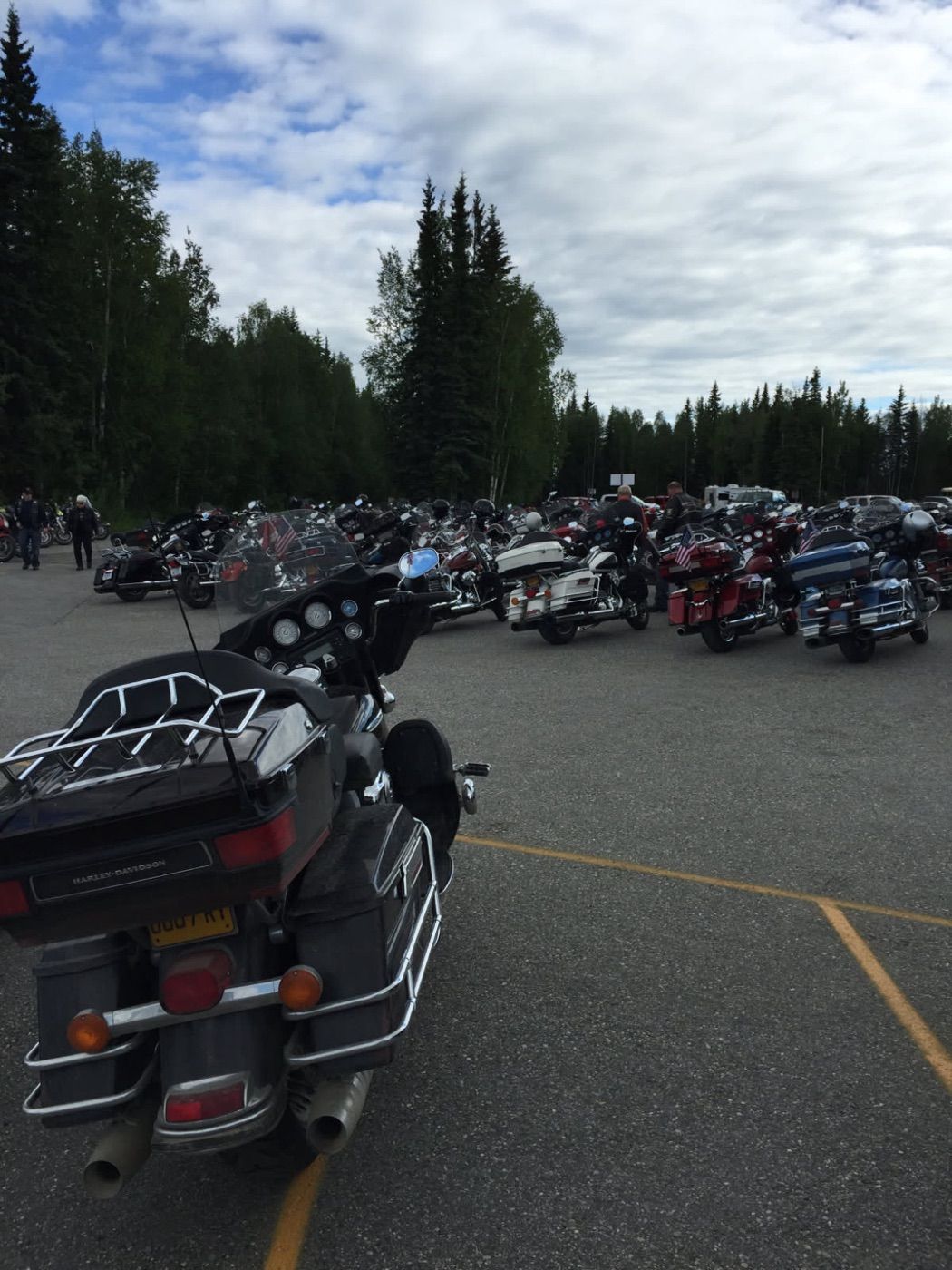 Rows of motorcycles parked for the Memorial Day ride at Byers Lake